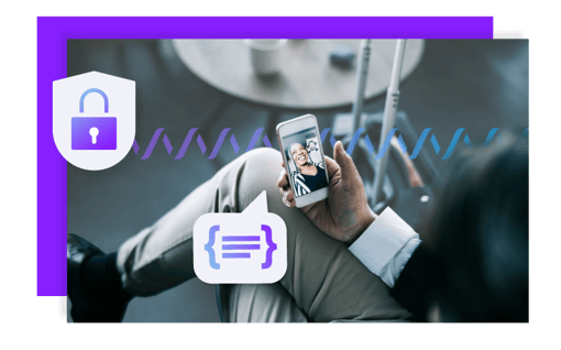 Video API Benefits showcasing a lock and text icon with mobile device making a video call