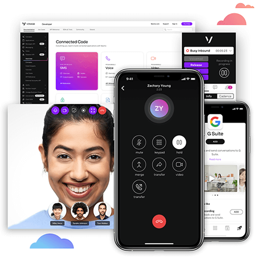 Product Imagery Collage of product imagery including a video call, admin portal page and smartphone dialing screen.