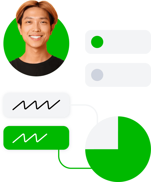 Learn more about customers Young man with graphics representing customer data