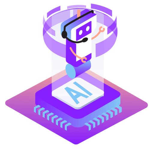 CC AI Privacy Blog Header Illustration of a robot floating above a computer chip marked AI. The robot is wearing a phone headset. Circling around its head are several purple horizontal bars.