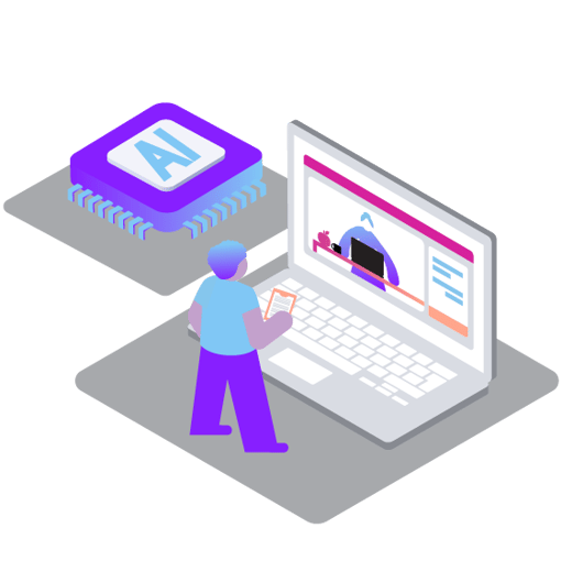 API SEO AI for Education Blog Header Illustration of a student standing in front of a oversized laptop, interacting with a teacher seen on the monitor. Beside the laptop is an icon representing AI.