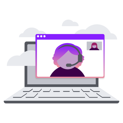 CC SEO Video CC Blog Header Illustration of a laptop. On the screen can be seen a contact center agent engaged in a video call, with a smaller image in the corner showing the other participant.