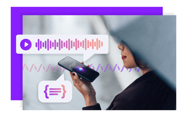 Image of woman holding mobile device and speaking into it.