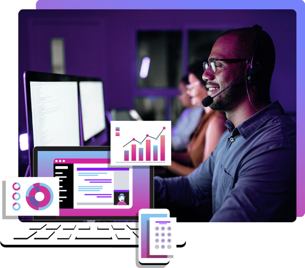Upgrade to Vonage Contact Center Smiling man in team of agents working in the dark with Vonage Call Center software