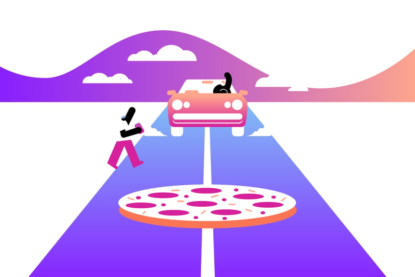 Illustration of pizza delivery service using app.