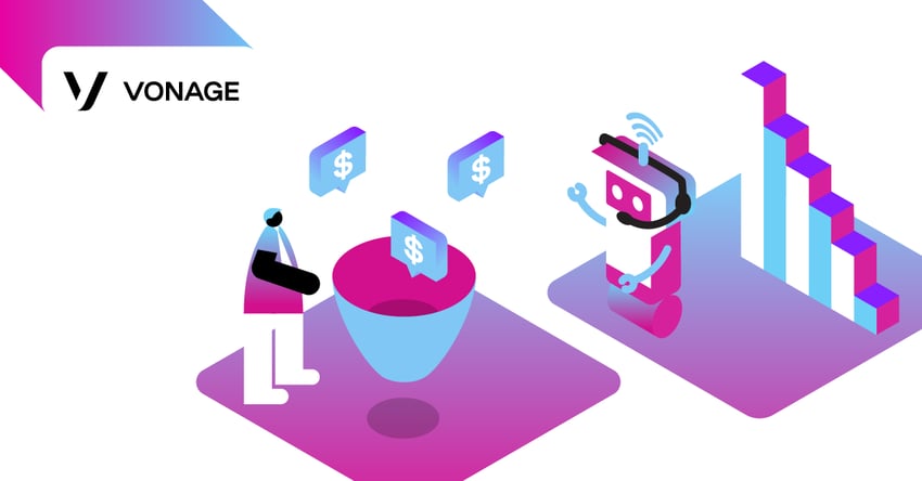 Illustration of a sales funnel with dollar signs floating around the top, representing sales.  A sales rep and an AI bot are helping to feed sales into the funnel. In the background is a 3-D graphic showing increased sales.