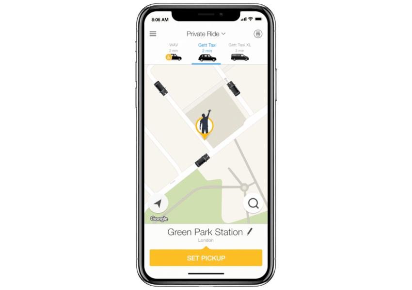 Screen shot on iPhoneX of Gett open app