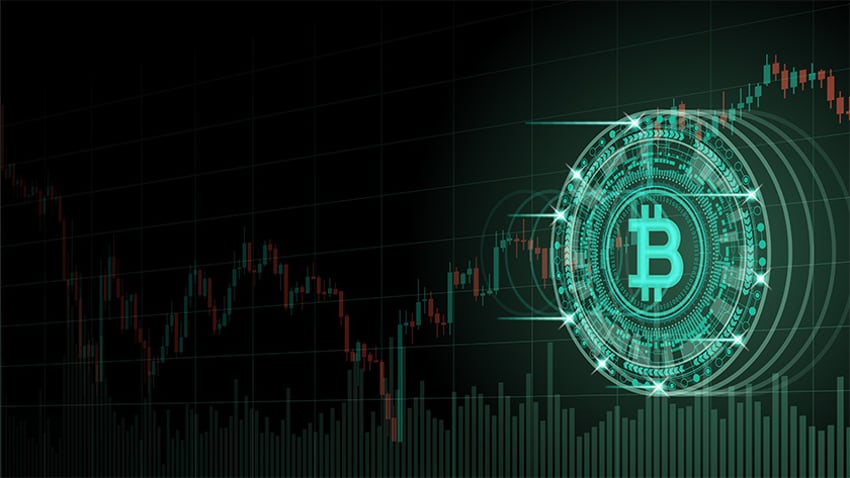 Graphic design of index graph and Bitcoin symbol