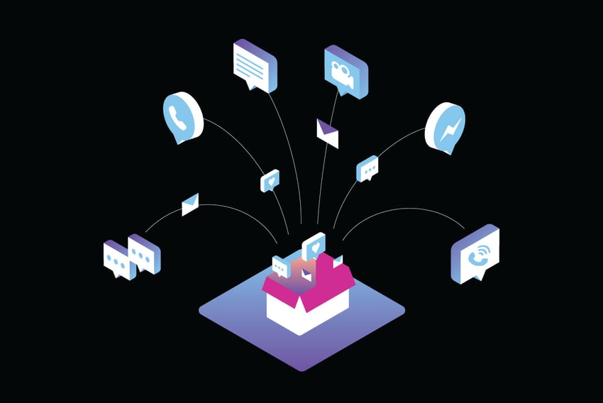 Illustration of all different types of applications flying out of a box