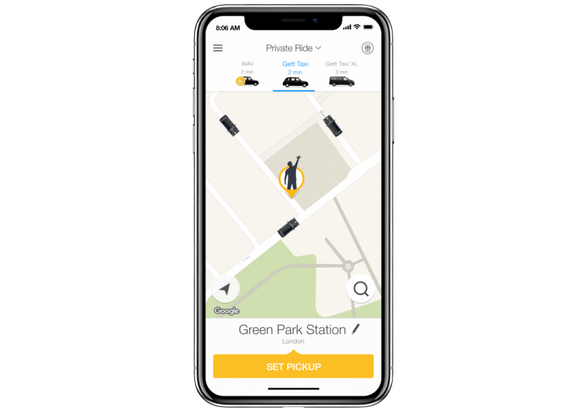 Screen shot on iPhoneX of Gett open app