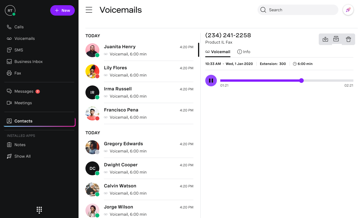 Voicemails Screen capture of Vonage Business app